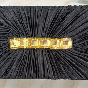 Black Pleated Evening Clutch with Gold Gem Detail